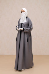 Kalina Grey Hooded Silk Crepe Abaya Dress With Pockets - Mediumweight