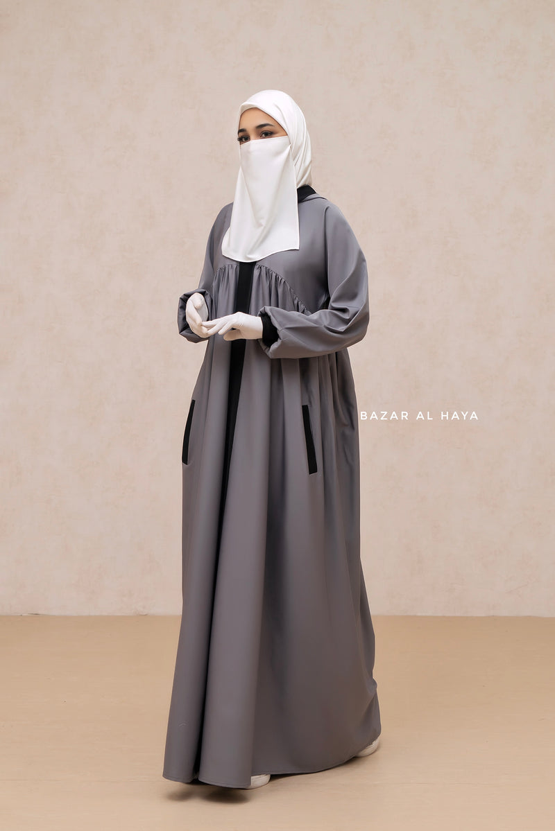 Kalina Grey Hooded Silk Crepe Abaya Dress With Pockets - Mediumweight