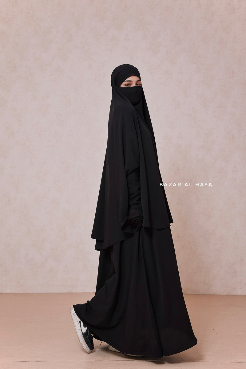 Yasmin Black Two Piece Jilbab With Dress & Khimar - Relaxed Fit, Light, Soft & Breathable