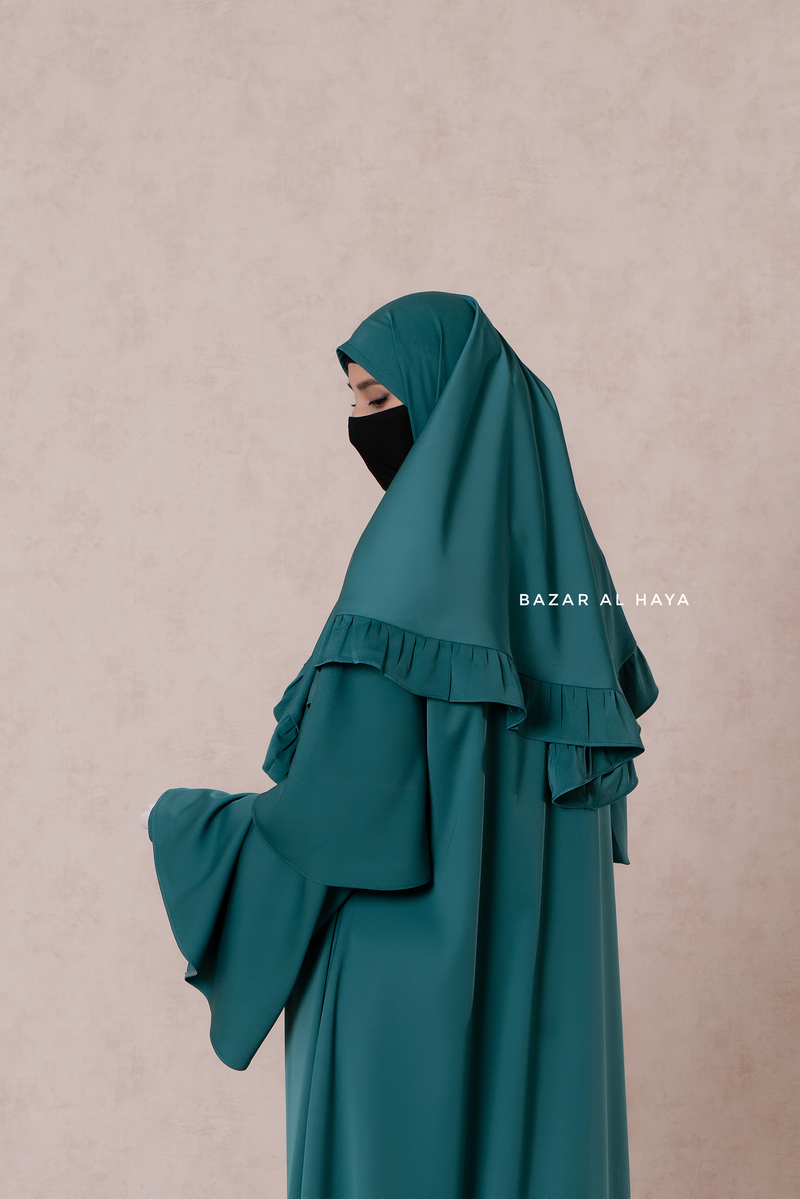 Bushra Dress - Jade Green Layered Ruffle Sleeve Abaya - Premium Sultansha