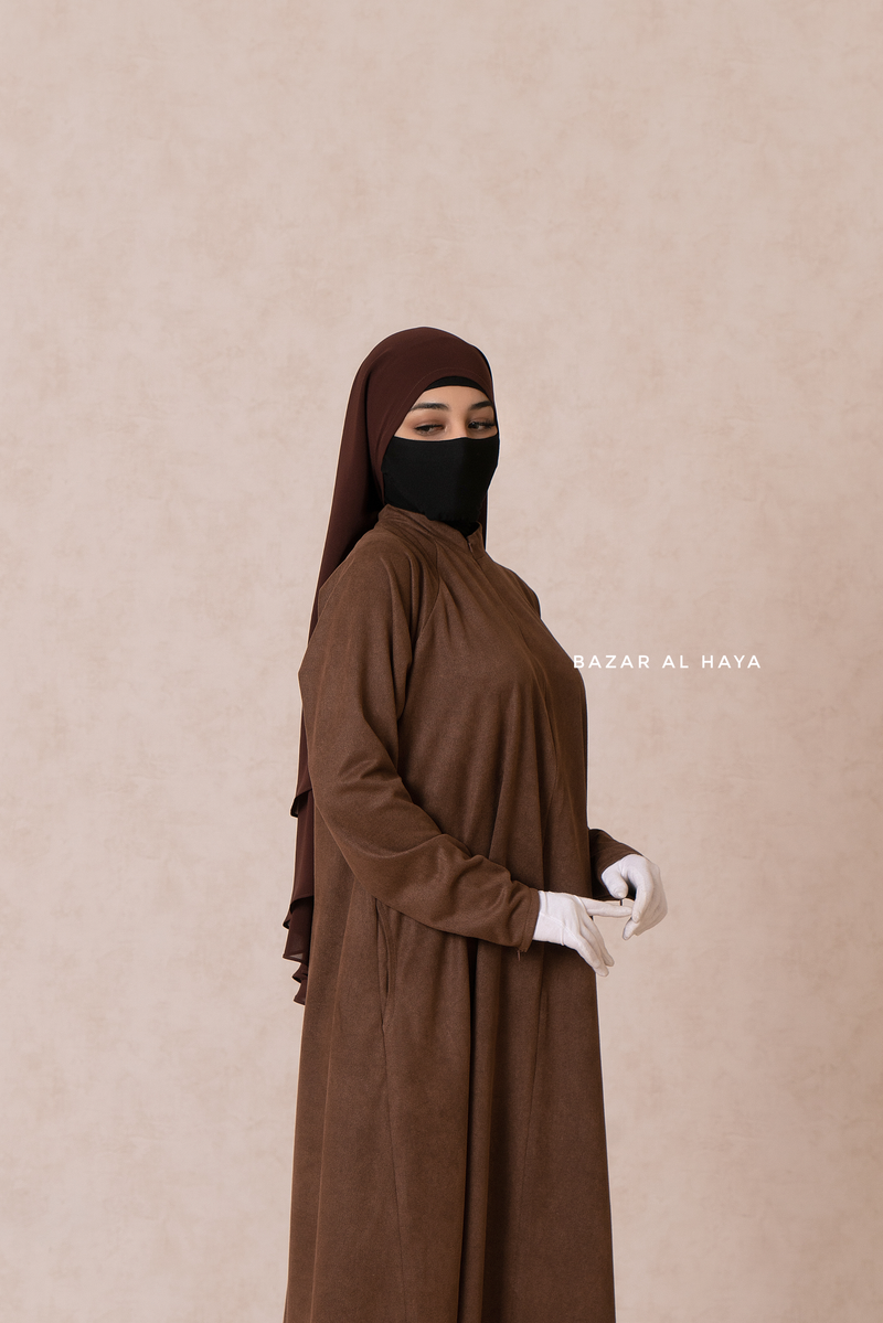 Chocolate Yamina Front & Sleeve Zipper Abaya Dress With Side Pockets - Textured Suede