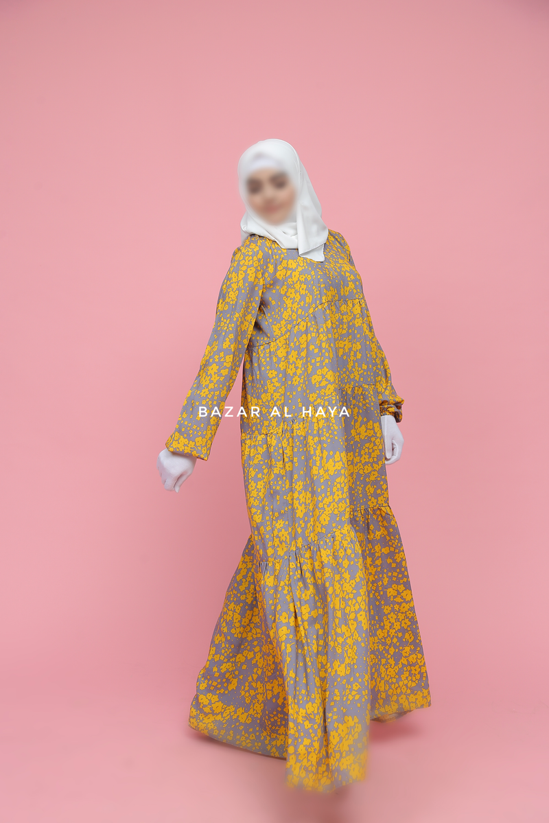 Sadia Yellow & Grey Floral Abaya Dress 100% Cotton Summer Tiered Style With Front Zipper