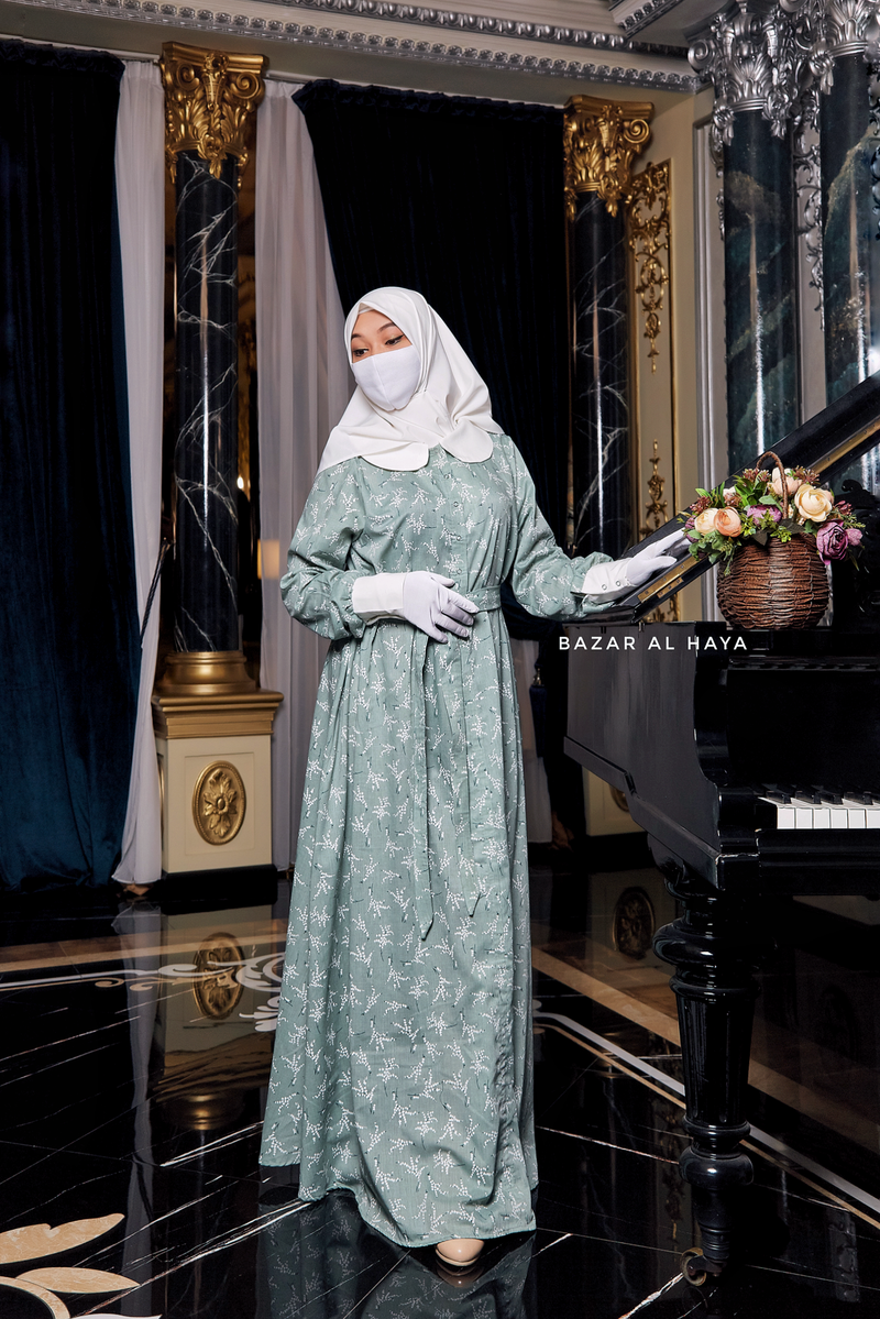 Kamila Mint Floral Summer Abaya Dress With Belt - Breathable Quality Cotton