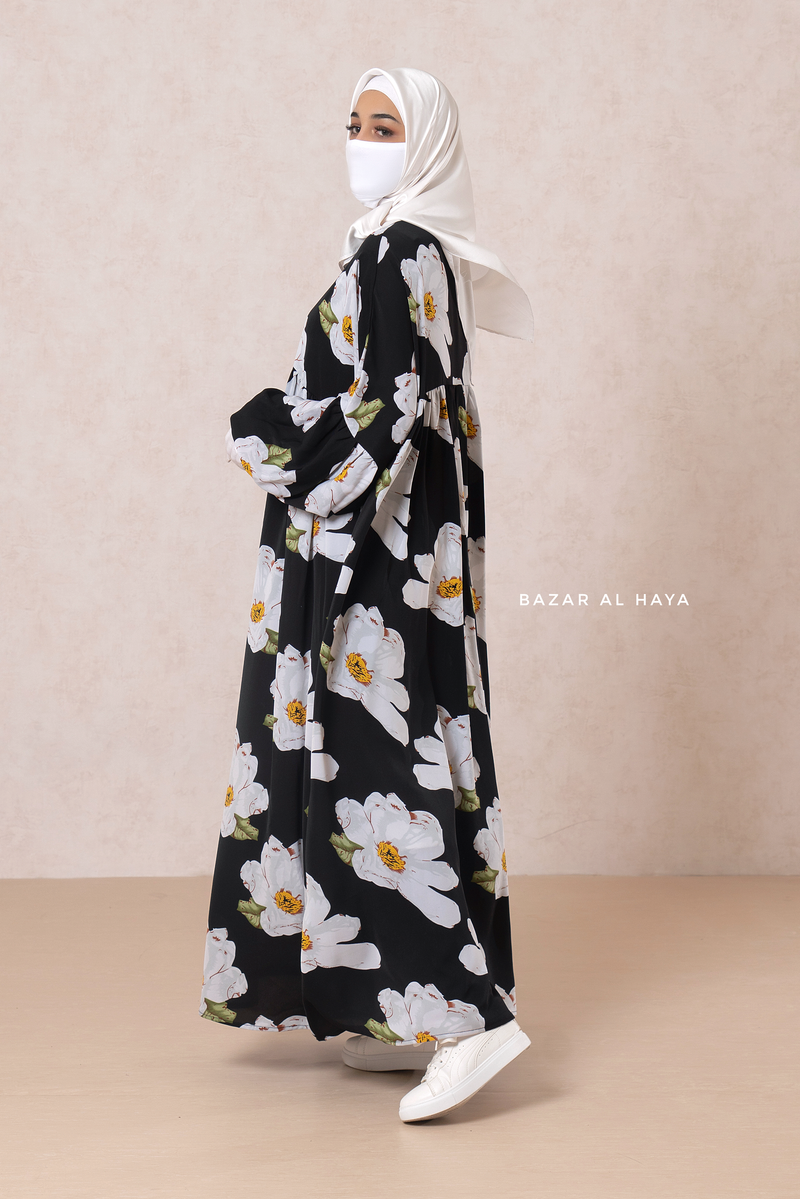 Muna Black Loose Fit Summer Abaya Dress - Viscose Cotton & Daisy Flower Print