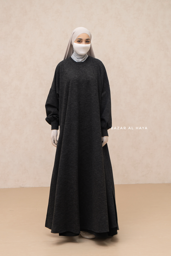 Charcoal Basimah Classic Design Warm Abaya Coat - Premium Wool