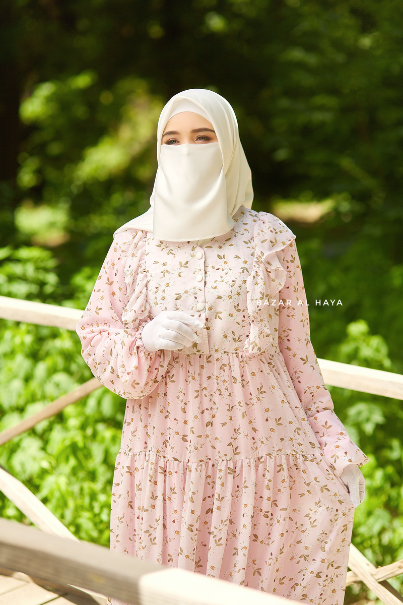 Surayya Pink Chiffon Abaya Dress With Floral Print - Ruffled Design