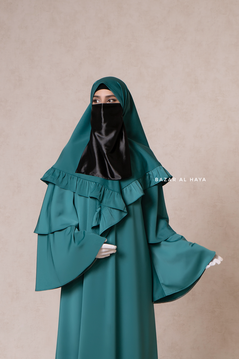 Bushra Dress - Jade Green Layered Ruffle Sleeve Abaya - Premium Sultansha