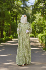 Surayya Kiwi Chiffon Abaya Dress With Floral Print - Ruffled Design