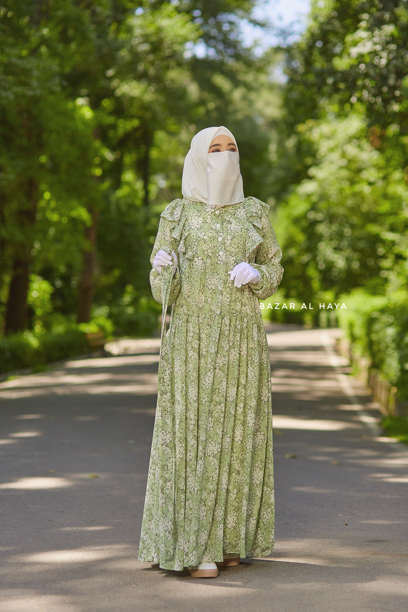 Surayya Kiwi Chiffon Abaya Dress With Floral Print