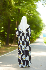 Black Muna Loose Fit Summer Abaya Dress - Viscose Cotton & Daisy Flower Print