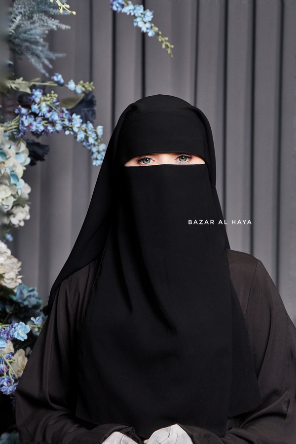 Two Layer Black Flap Niqab - Premium Wool Chiffon - Medium