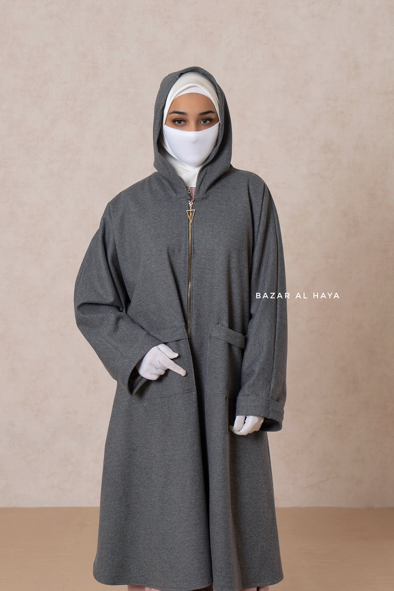 Grey Kinza Warm Hooded Poncho Overcoat - Comfy Oversized- Premium Wool