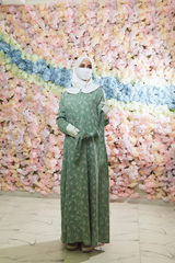 Mint Kamila Floral Summer Abaya Dress With Belt - Breathable Quality Cotton