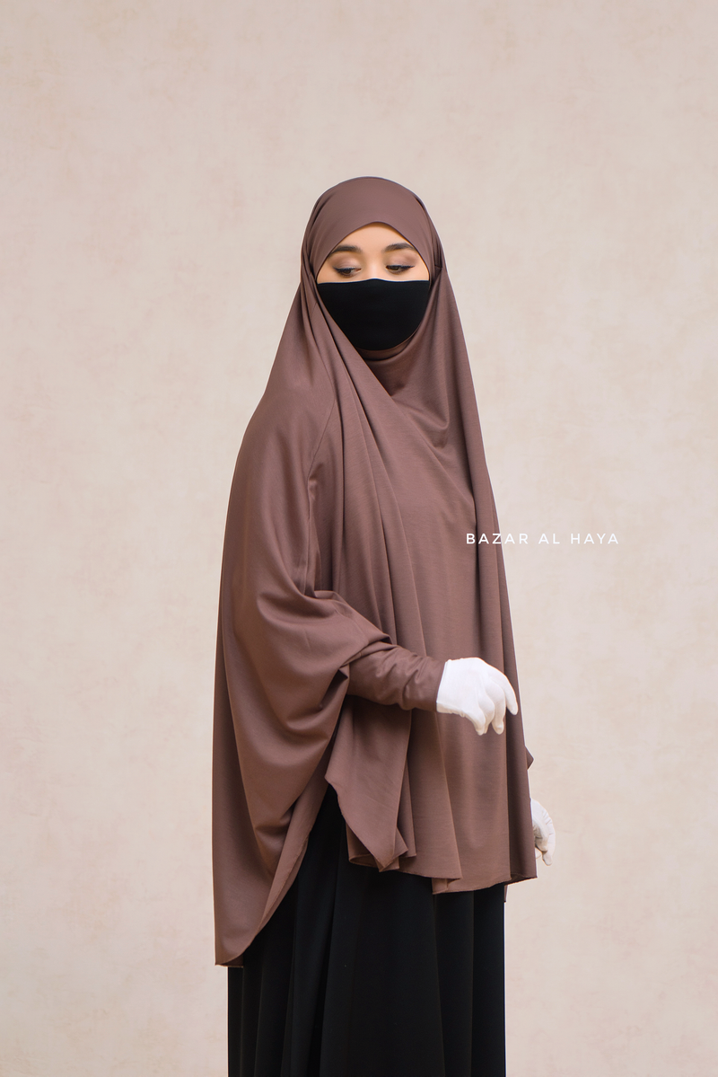 Coffee Cotton Abida Khimar With Sleeves - Soft Cotton