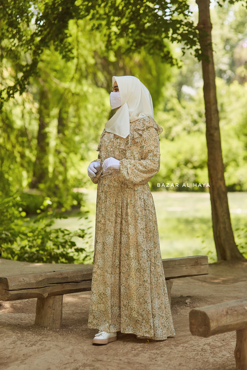 Surayya Almond Chiffon Abaya Dress With Floral Print - Ruffled Design