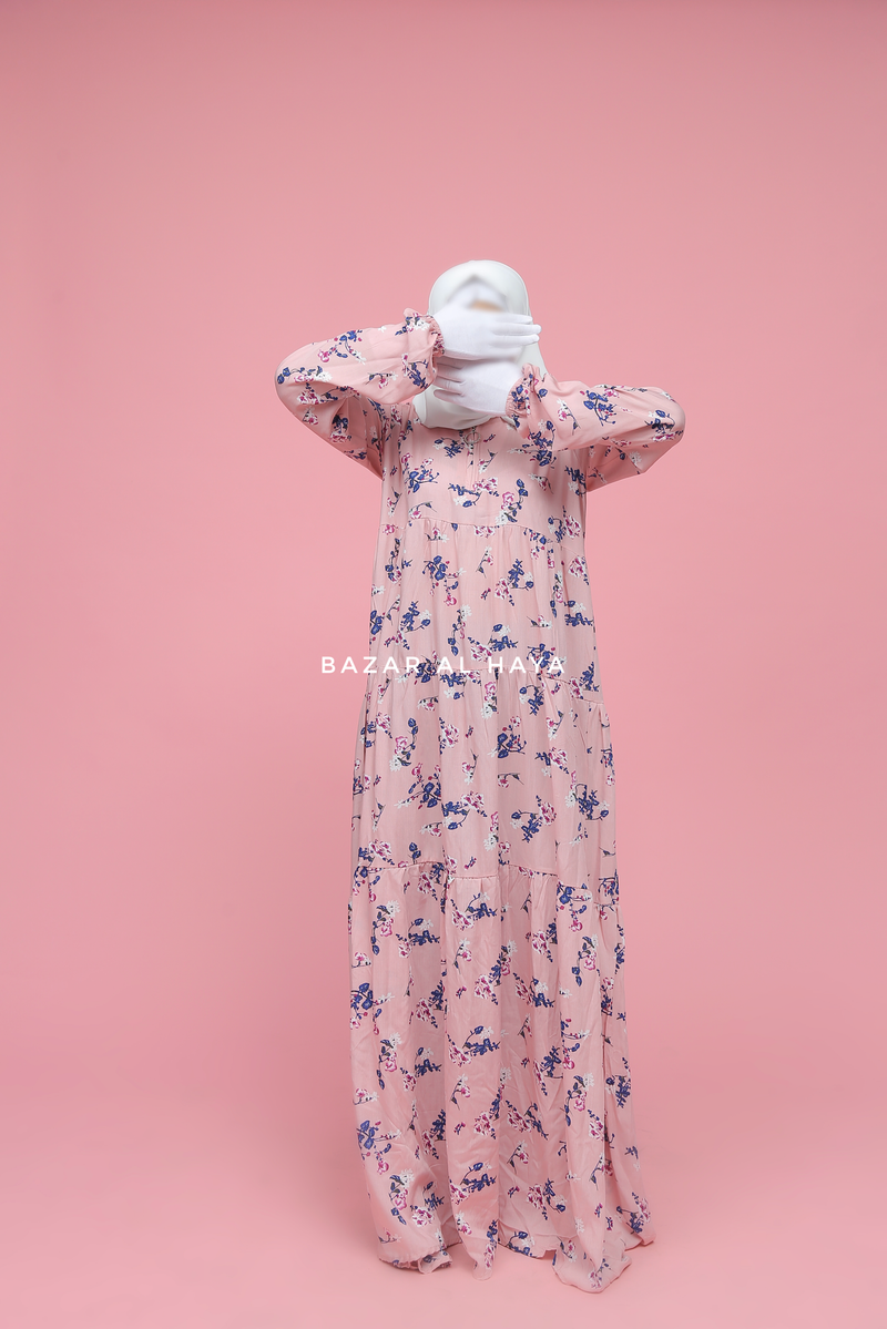 Sadia Pink Floral Abaya Dress 100% Cotton Summer Tiered Style With Front Zipper