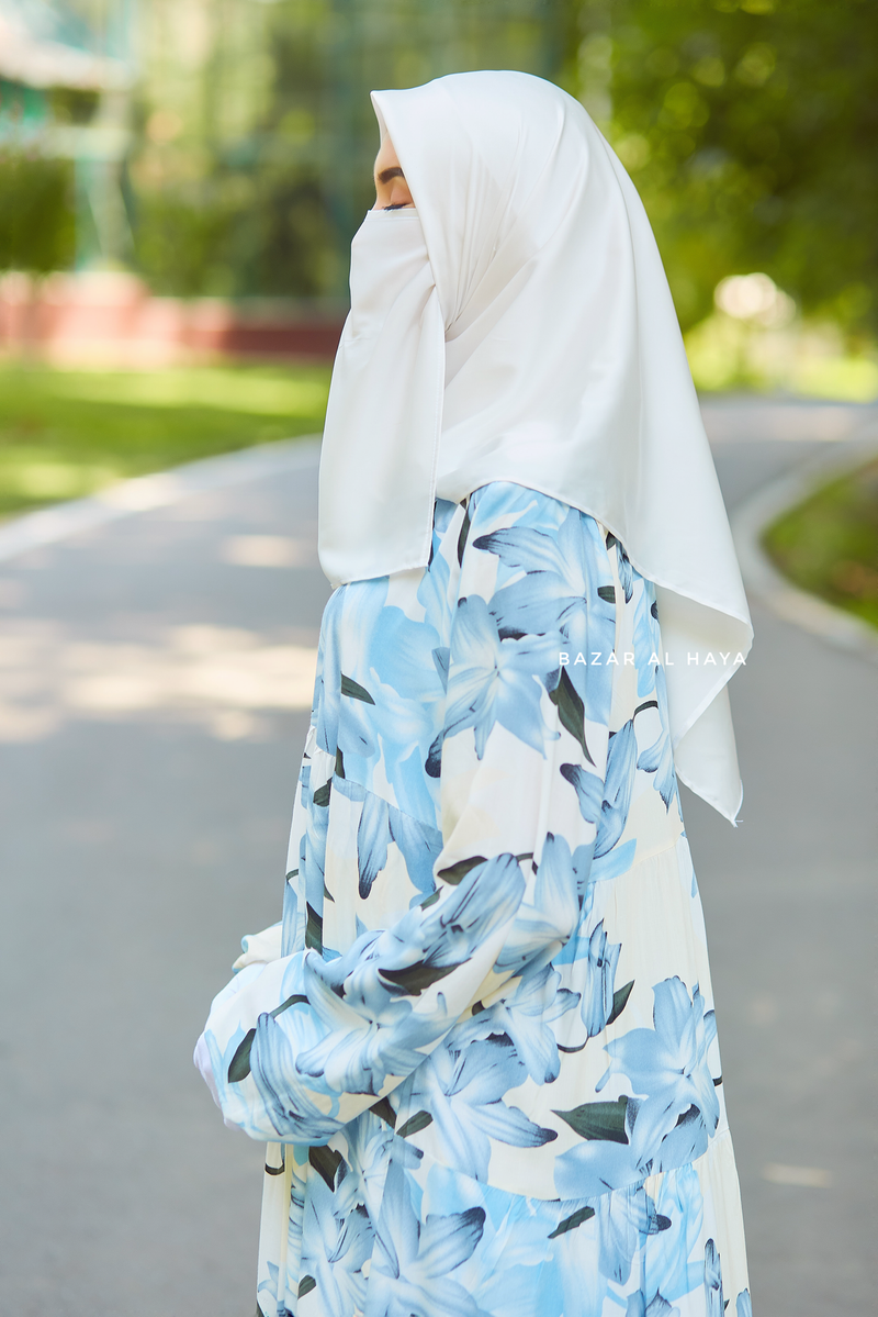 Sadia Ivory/Blue Floral Dress In 100% Cotton Summer Tiered Style Abaya - Front Zipper