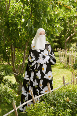 Muna Black Loose Fit Summer Abaya Dress - Viscose Cotton & Daisy Flower Print