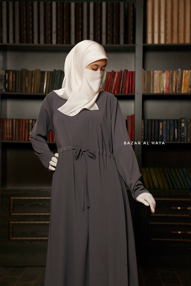 Salam 3 Steel Grey Belted Abaya Dress - Front Zipper & Zipper Sleeves - Nida