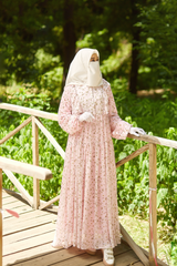 Surayya Pink Chiffon Abaya Dress With Floral Print - Ruffled Design