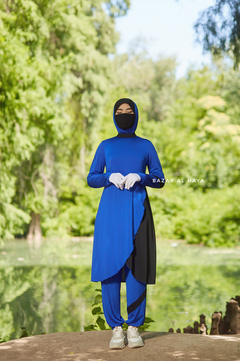 Royal Blue Modest Swimwear Three Piece Set With Swimdress, Khimar, & Pants - Enjoy The Comfort