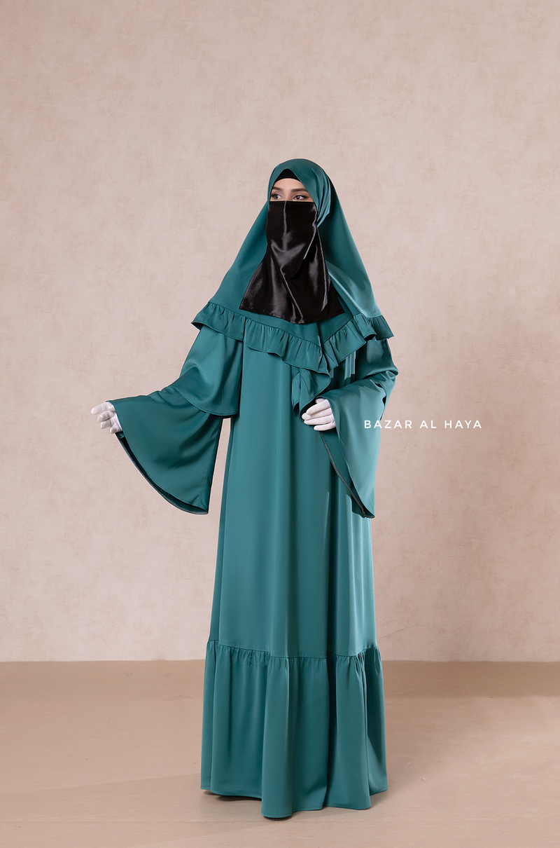 Bushra Dress - Jade Green Layered Ruffle Sleeve Abaya - Premium Sultansha