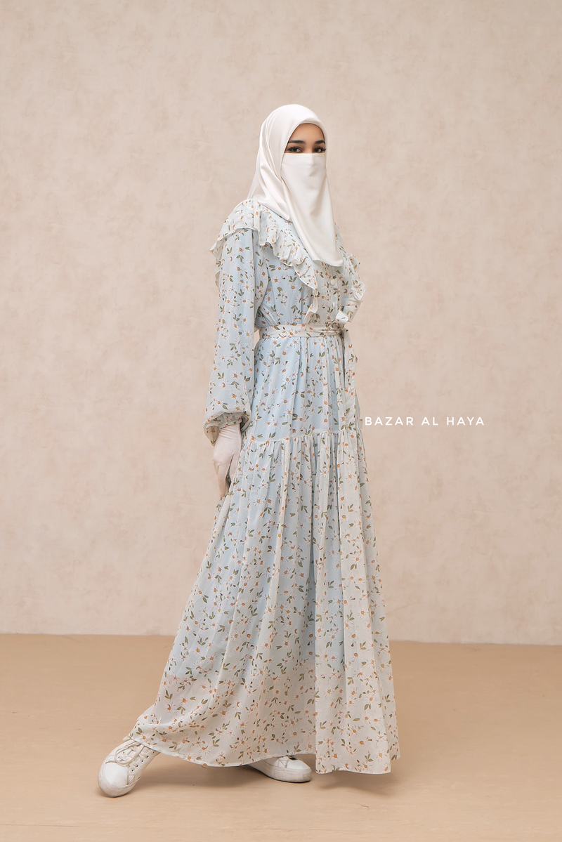 Surayya Light Blue Chiffon Abaya Dress With Floral Print - Ruffled Design