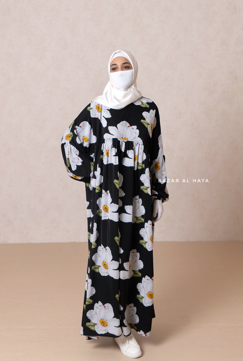 Muna Black Loose Fit Summer Abaya Dress - Viscose Cotton & Daisy Flower Print