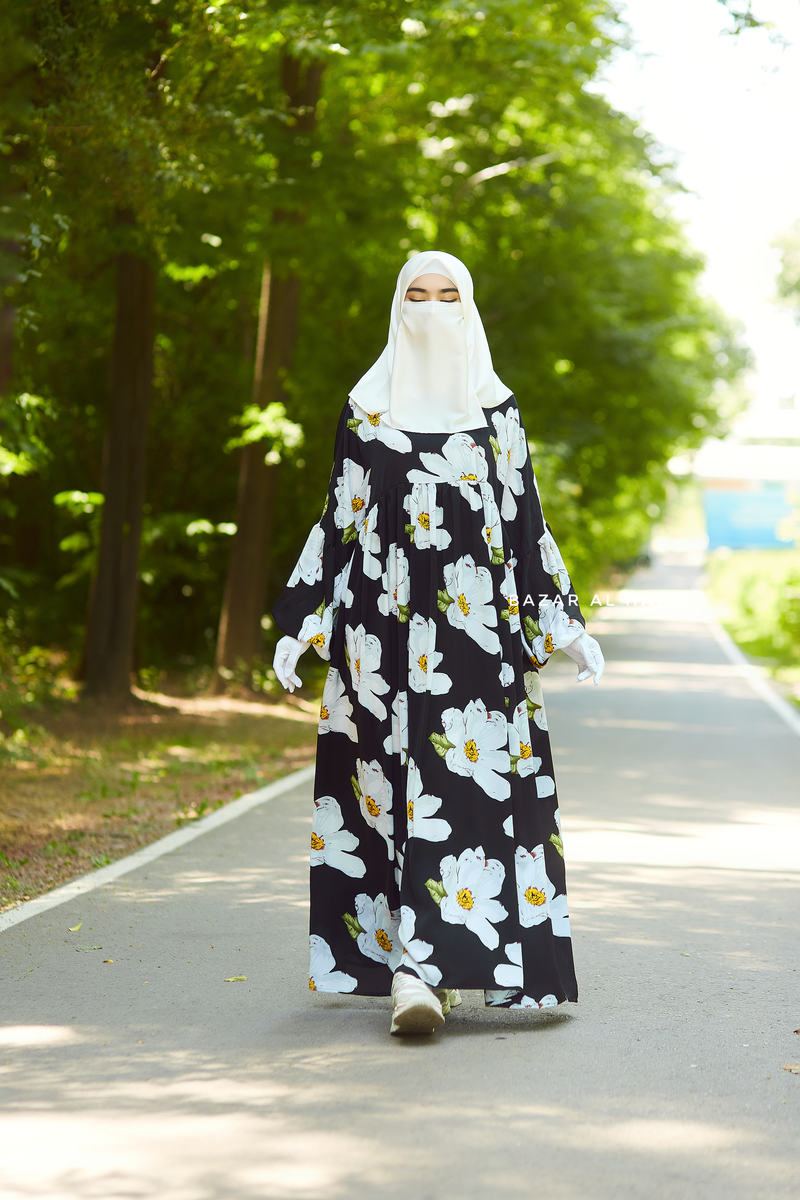 Black Muna Loose Fit Summer Abaya Dress - Viscose Cotton & Daisy Flower Print