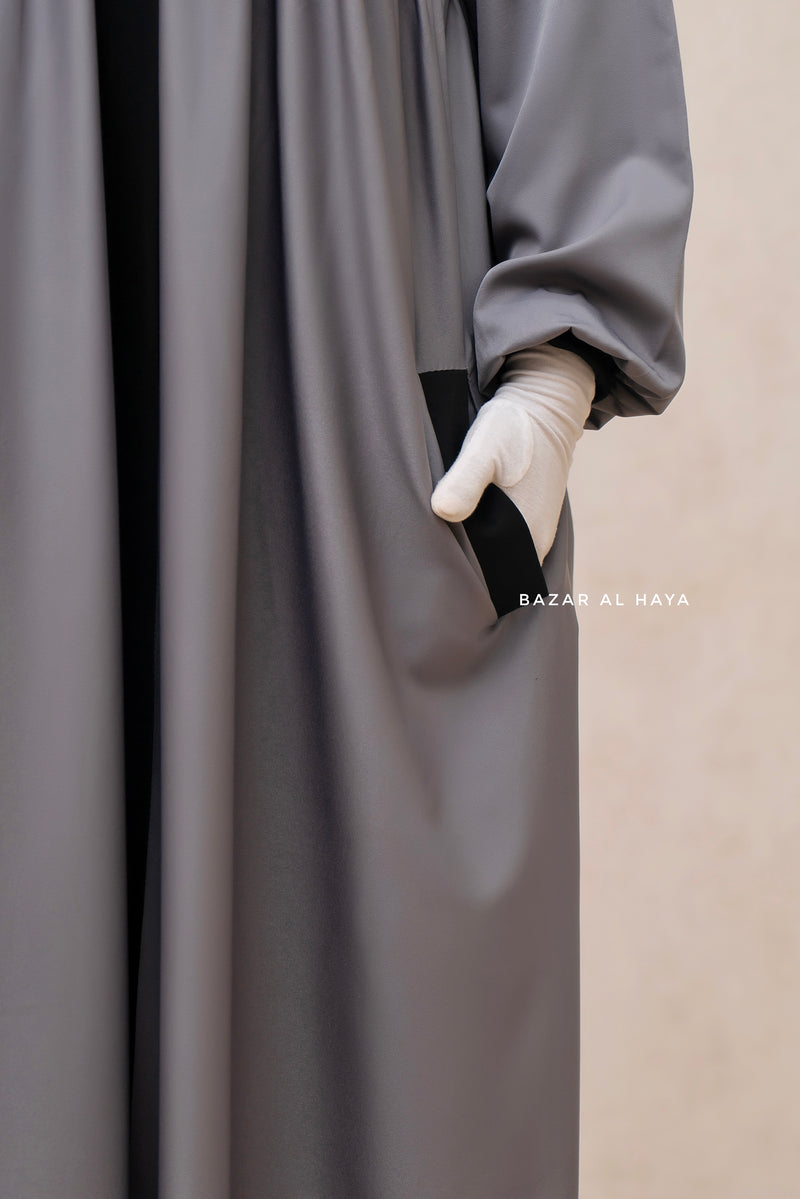 Kalina Grey Hooded Silk Crepe Abaya Dress With Pockets - Mediumweight