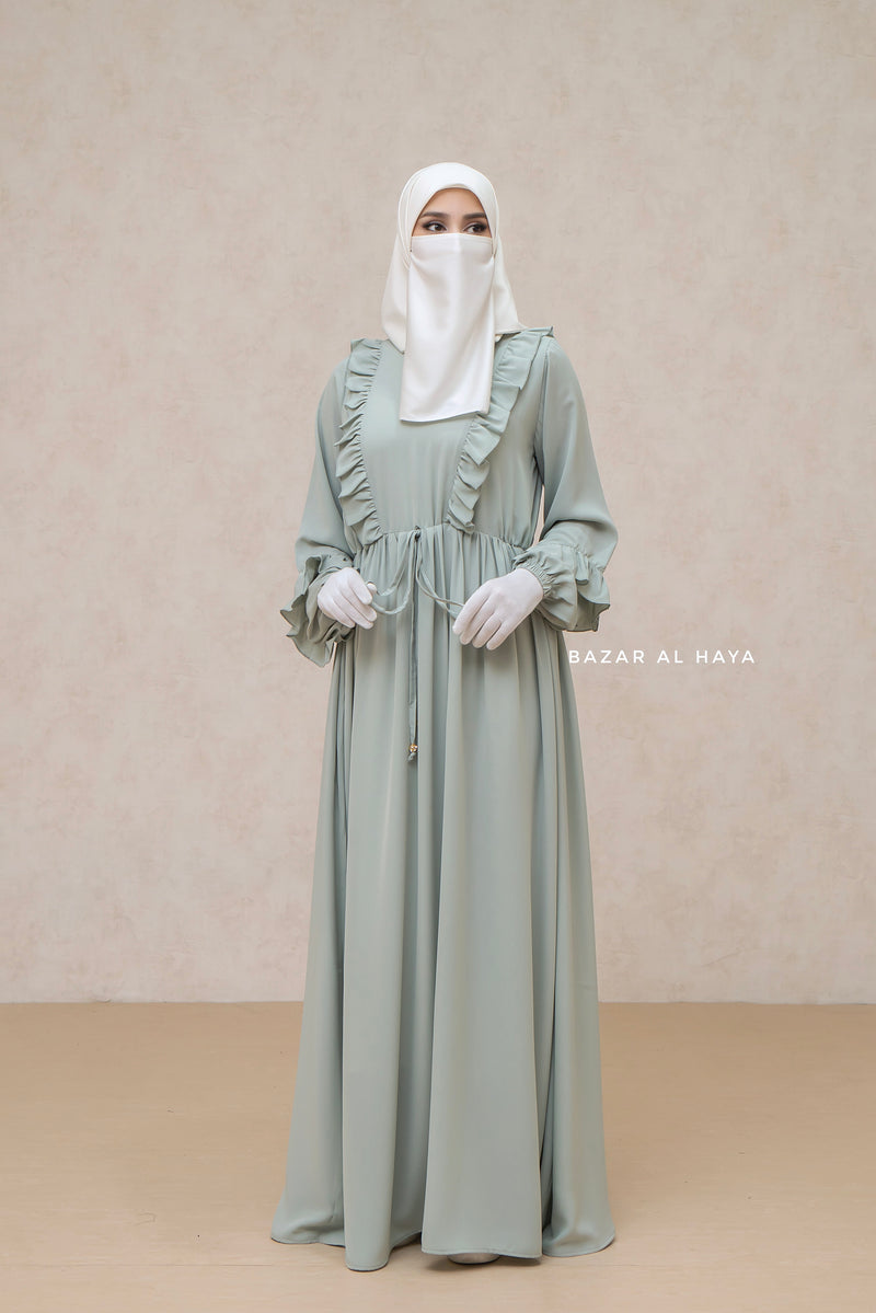 Afsah Mint Ruffle Lightweight Summer Spring Abaya Dress - Soft Breathable Crepe Cotton