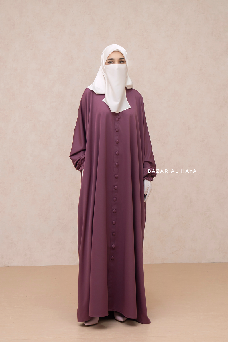 Mauve Safa Loose - Fit Abaya With Button Front - Silk Crepe