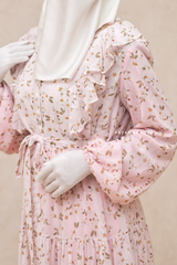 Surayya Pink Chiffon Abaya Dress With Floral Print - Ruffled Design