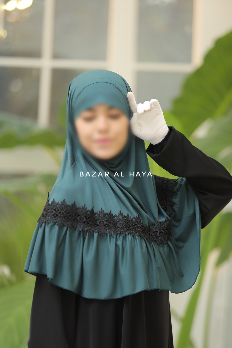 Emerald Tieback Ruffle Lace Short Khimar - Soft Cotton