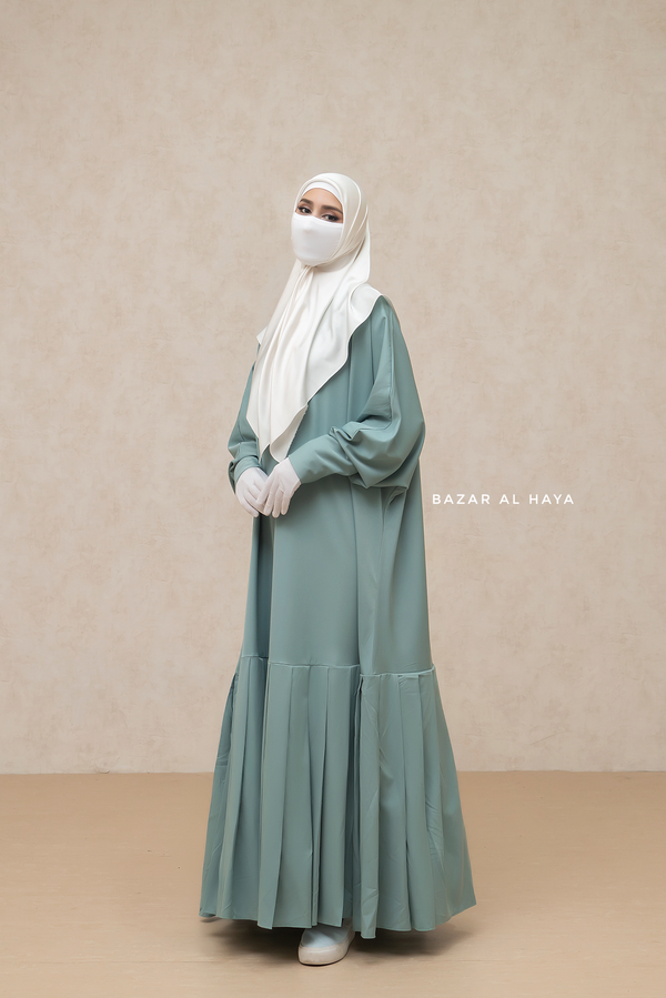 Badra Mint Butterfly Abaya With Flair Bottom & Zipper Sleeves - Silk Crepe