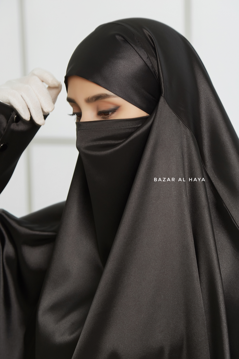 Black Latifa Two Piece Satin Jilbab With Skirt - Long & Loose