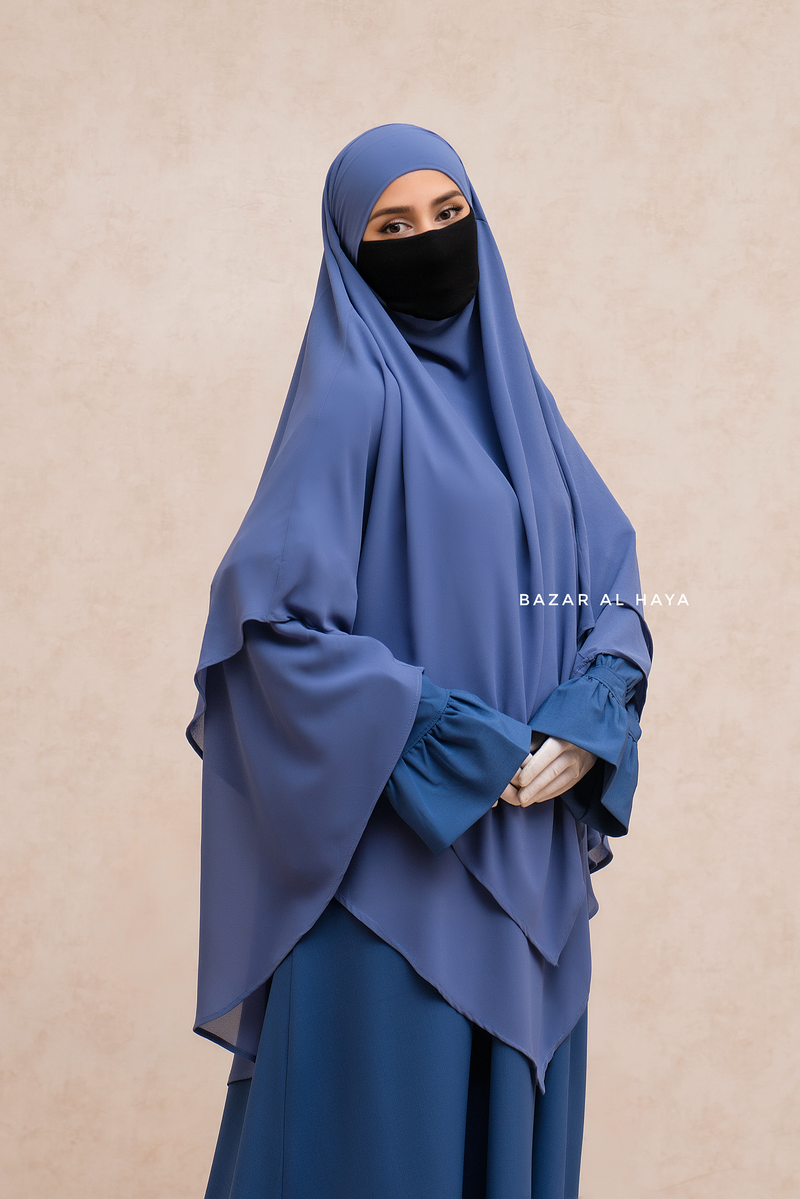 Slate Blue Pari Two Layered Maxi Diamond Khimar - Crepe Chiffon