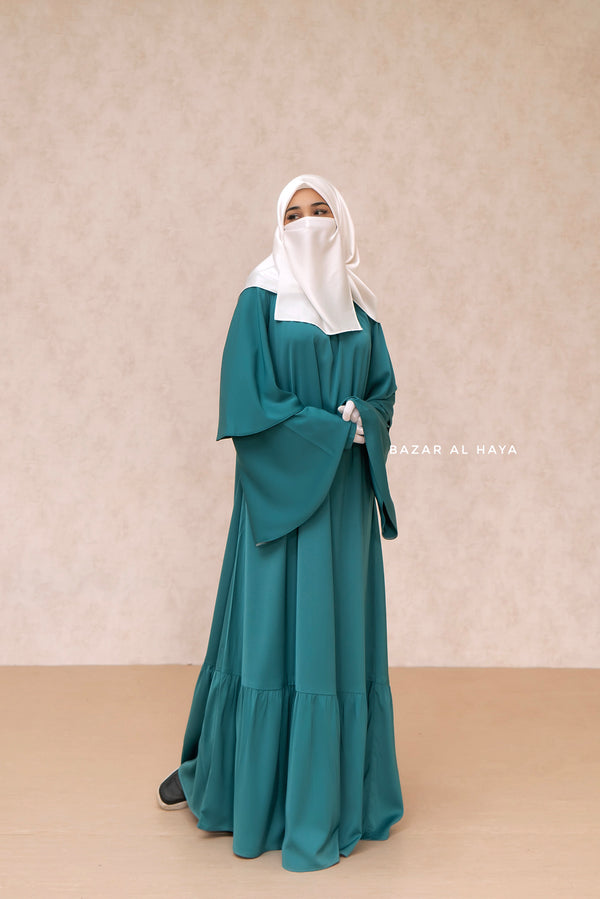 Bushra Dress - Jade Green Layered Ruffle Sleeve Abaya - Premium Sultansha