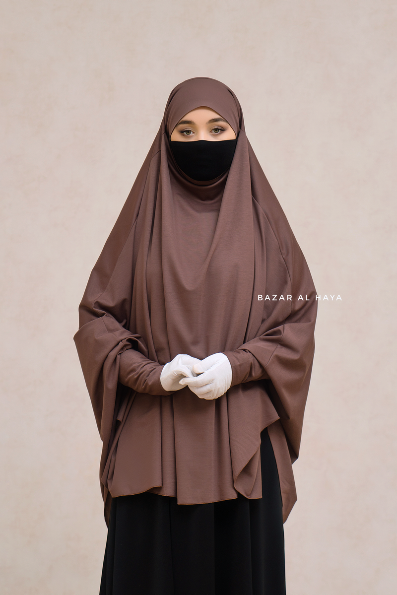 Coffee Cotton Abida Khimar With Sleeves - Soft Cotton