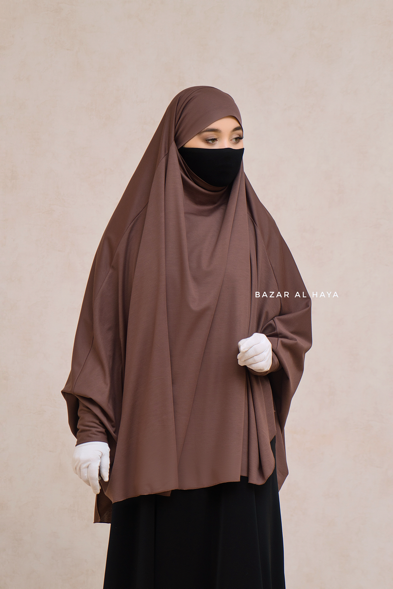 Coffee Cotton Abida Khimar With Sleeves - Soft Cotton