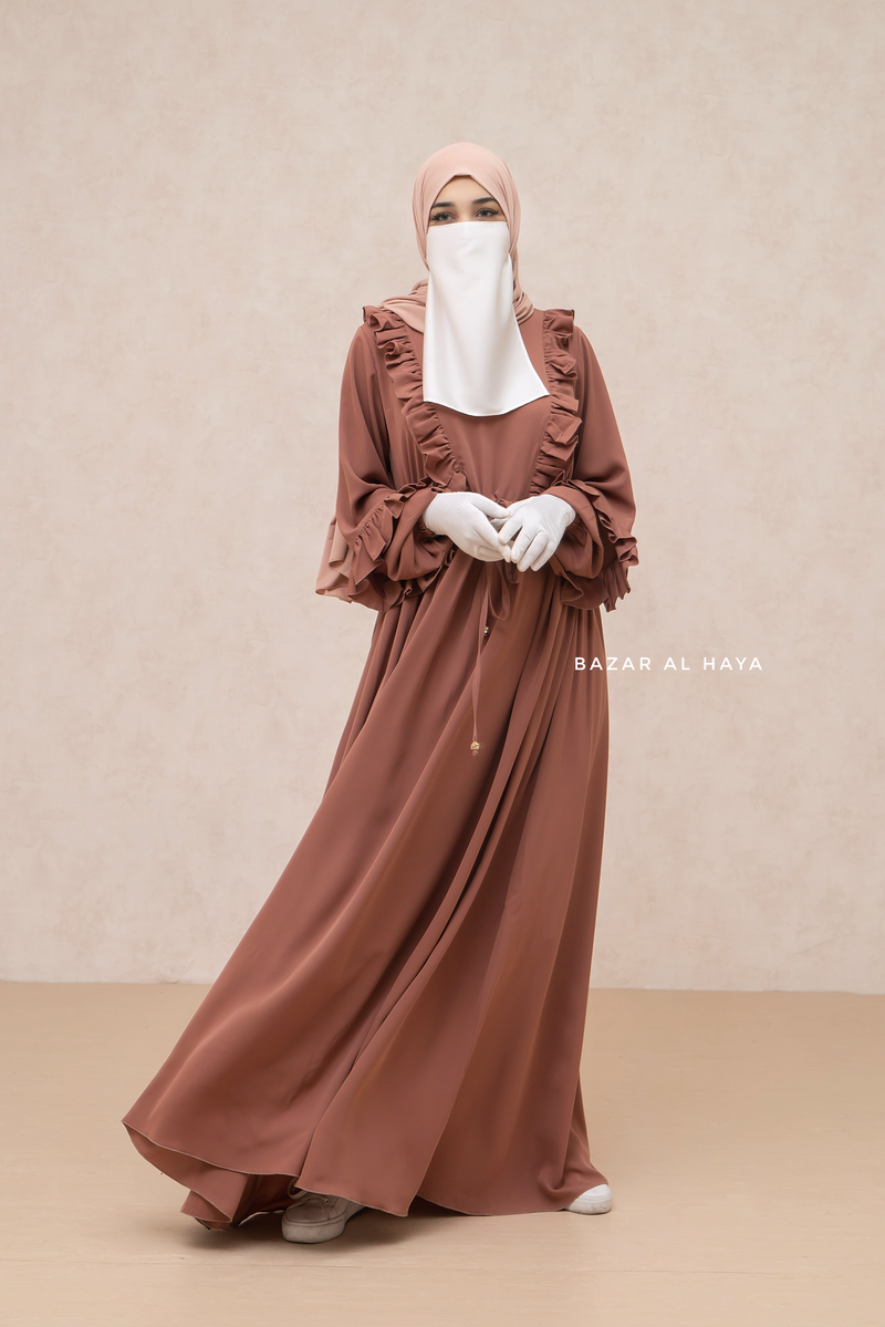 Afsah Cappuccino Ruffle Lightweight Summer Spring Abaya Dress - Soft Breathable Crepe Cotton