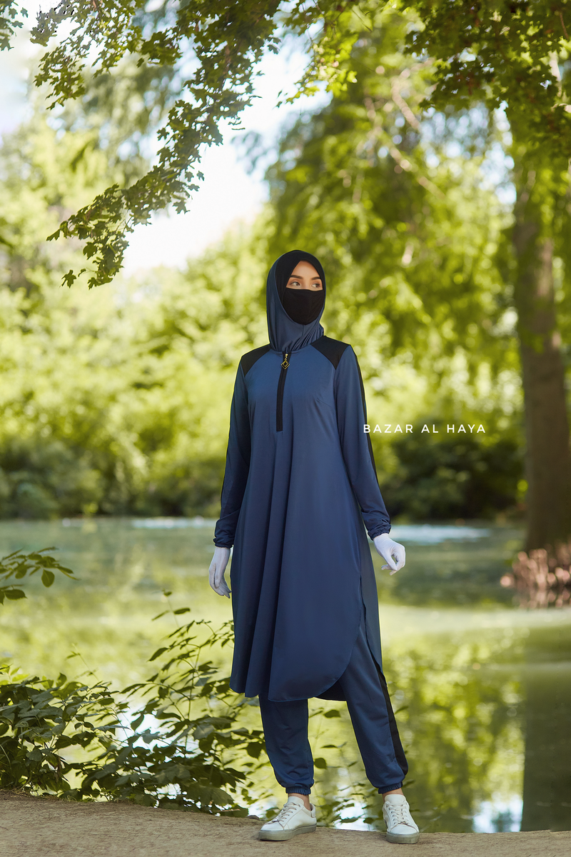 Shuruq Spruce Blue Modest Swimwear Three Piece Set With Swimdress, Khimar, & Pants - Enjoy The Comfort