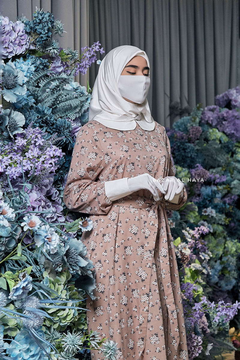 Kamila Taupe Floral Summer Abaya Dress With Belt - Breathable Quality Cotton