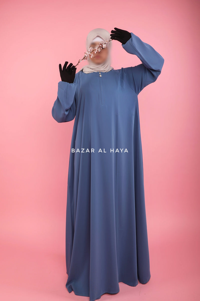 Steel Blue Salam 2 Abaya -  Comfy Style Front Zipper - Nidha