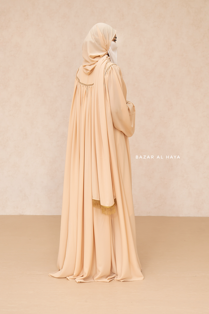 Haniya Beige Abaya Gown - Elegently Wide With Unique Decor - 3 Piece