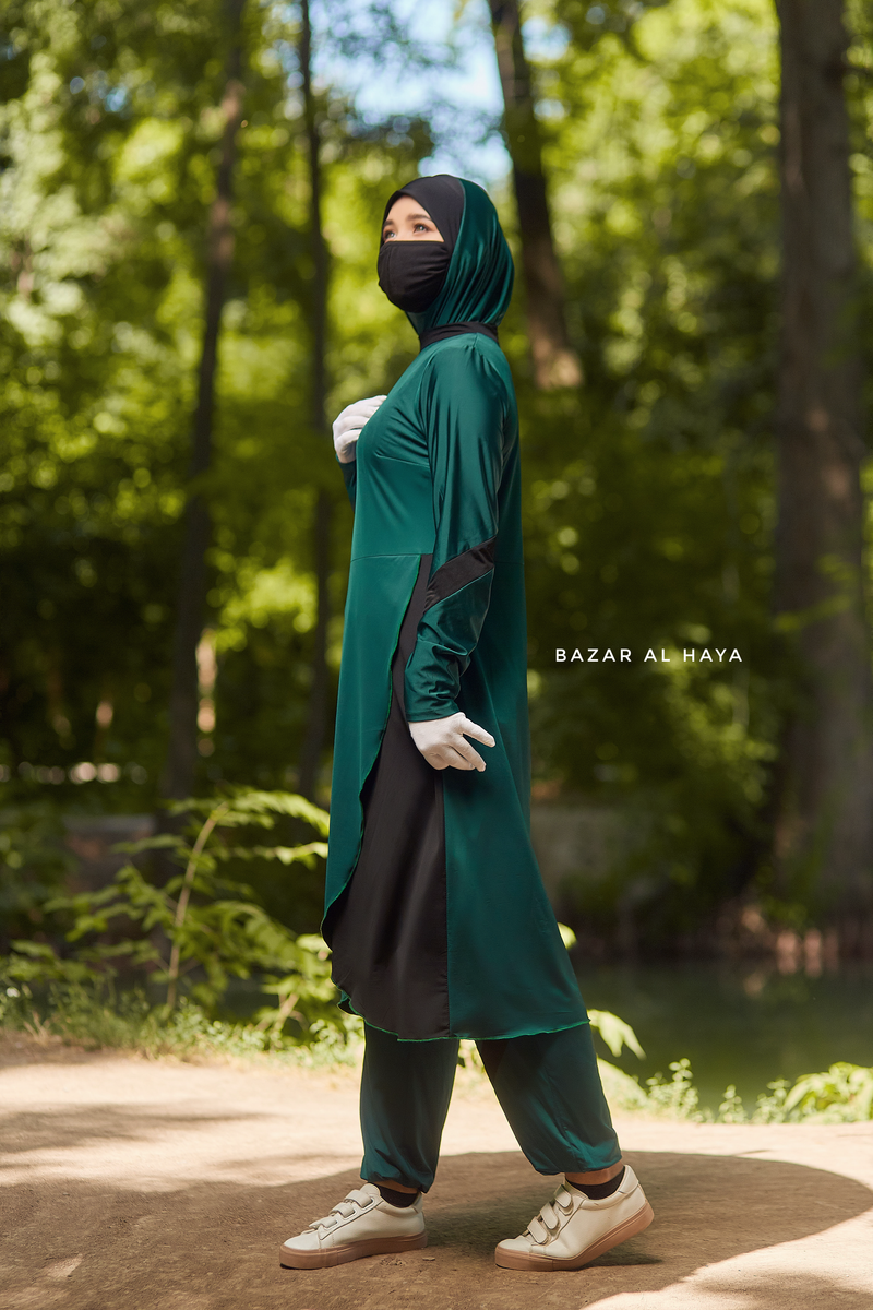 Emerald Modest Swimwear Three Piece Set With Swimdress, Khimar, & Pants - Enjoy The Comfort