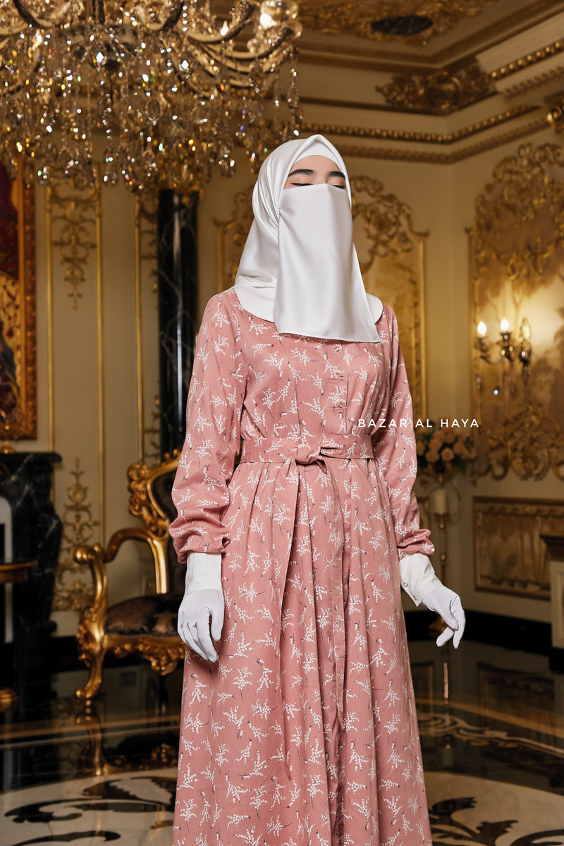 Kamila Salmon Pink Floral Summer Abaya Dress With Belt - Breathable Quality Cotton