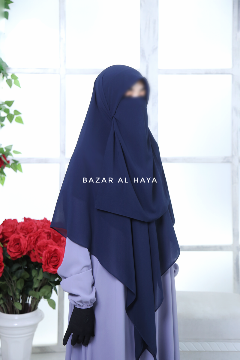 Dark Blue Square Scarf With Half Niqab Set - Super Breathable - Quality