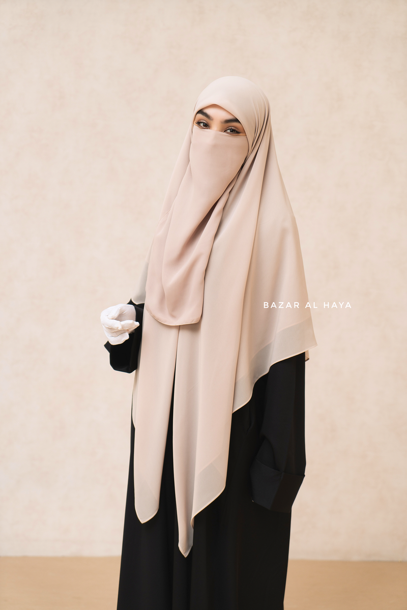 Creme Beige Square Scarf With Half Niqab Set - Super Breathable