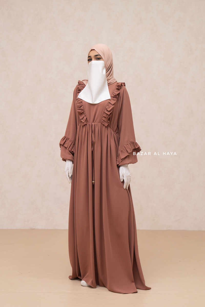 Afsah Cappuccino Ruffle Lightweight Summer Spring Abaya Dress - Soft Breathable Crepe Cotton